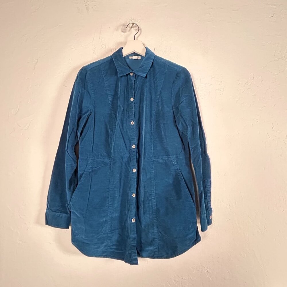 J. Jill Womens Blue Corduroy Button-Up Tunic Top Shirt Small Long Sleeve Casual